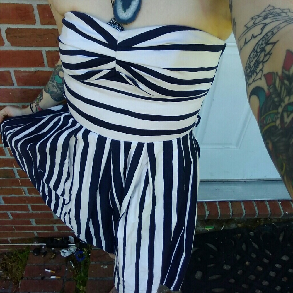 Strapless navy and white striped midi dress